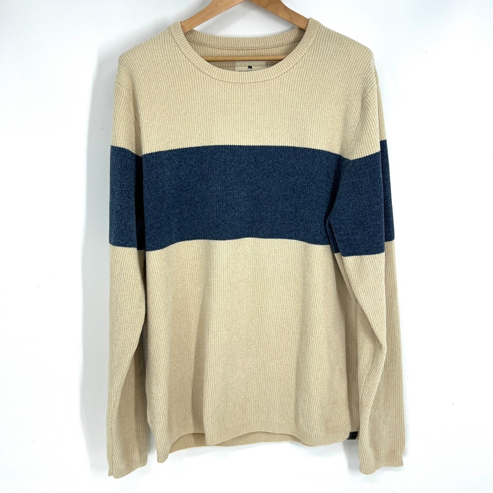 The Normal Brand Mens XXL Chenille‎ Striped Sweater Tan Navy Blue FLATF24D0